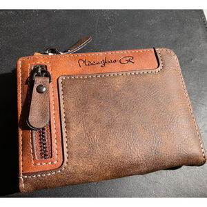 Mens Retro Style Bifold Wallet 2 Tone Brown Faux PU Leather Brand New